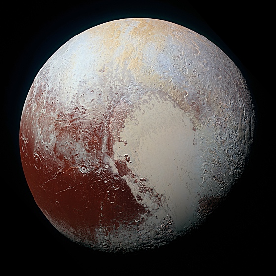 High-resolution MVIC image of Pluto in enhanced color to bring out differences in surface composition.