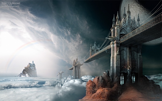 Surrealistic bridges to a distant island castle